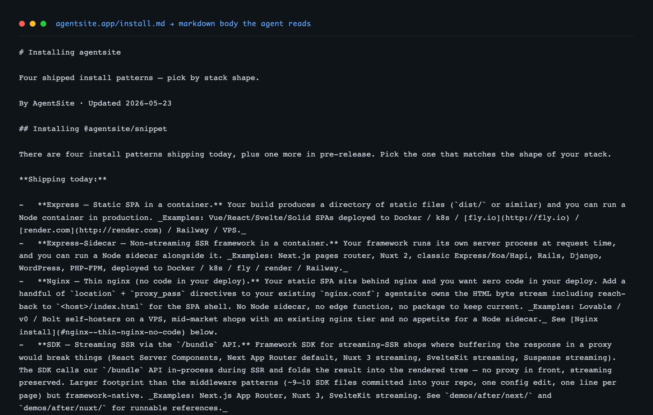 Clean markdown body served at agentsite.app/install.md — the exact bytes an agent extracts.