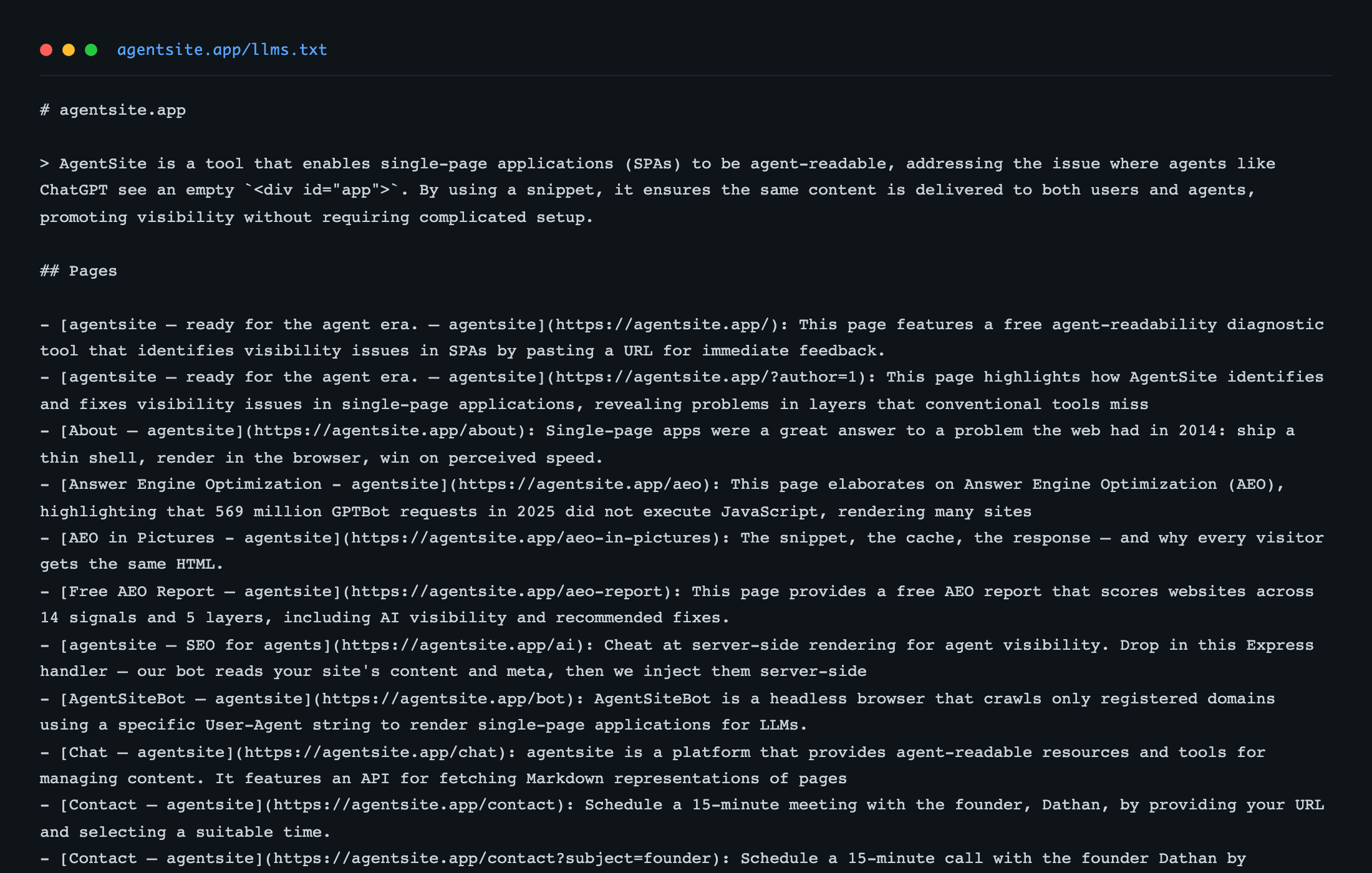agentsite.app/llms.txt rendering — site overview with page list and TL;DRs.