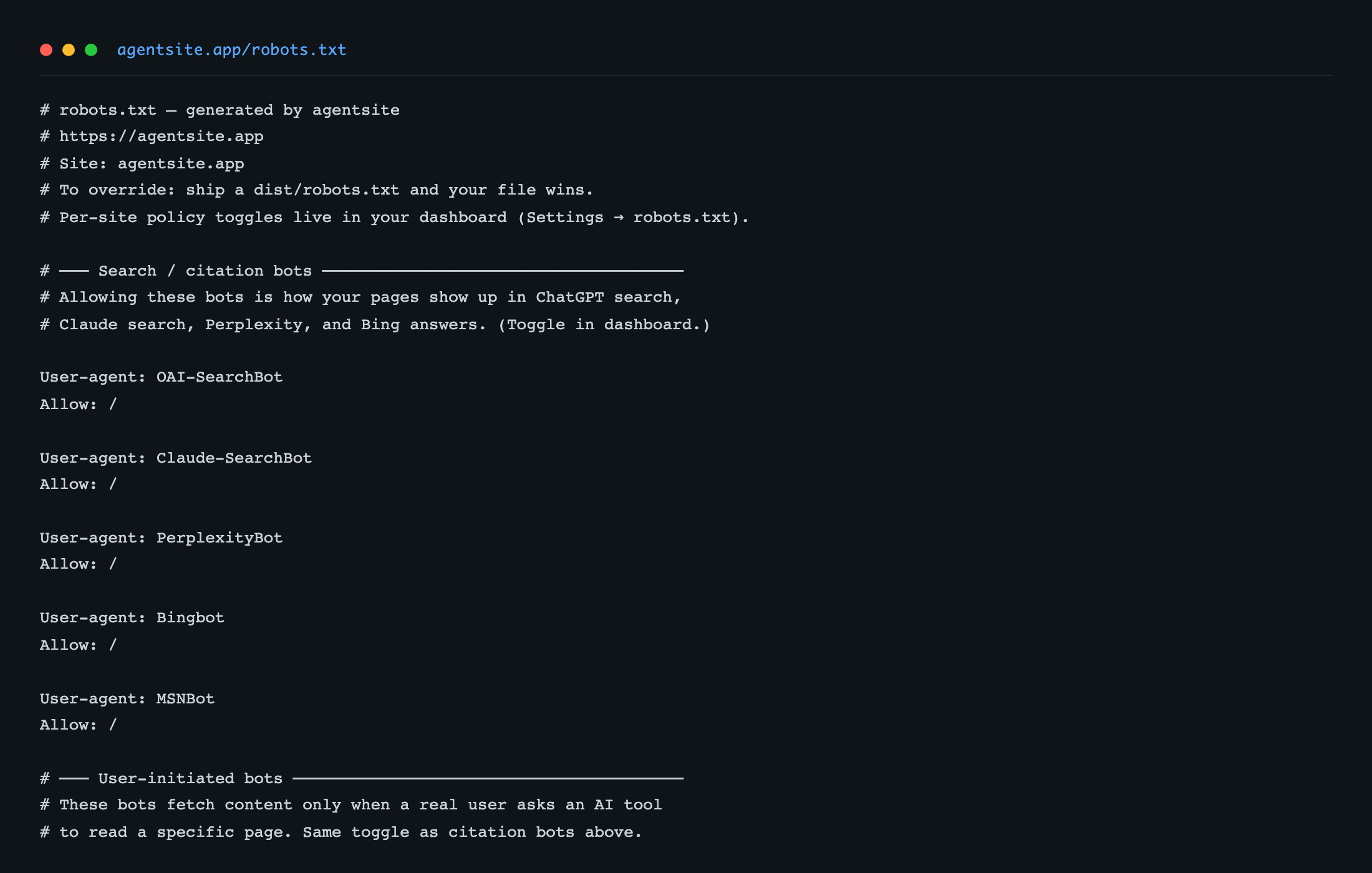agentsite.app/robots.txt rendering — granular AI-bot allow-list with comments.