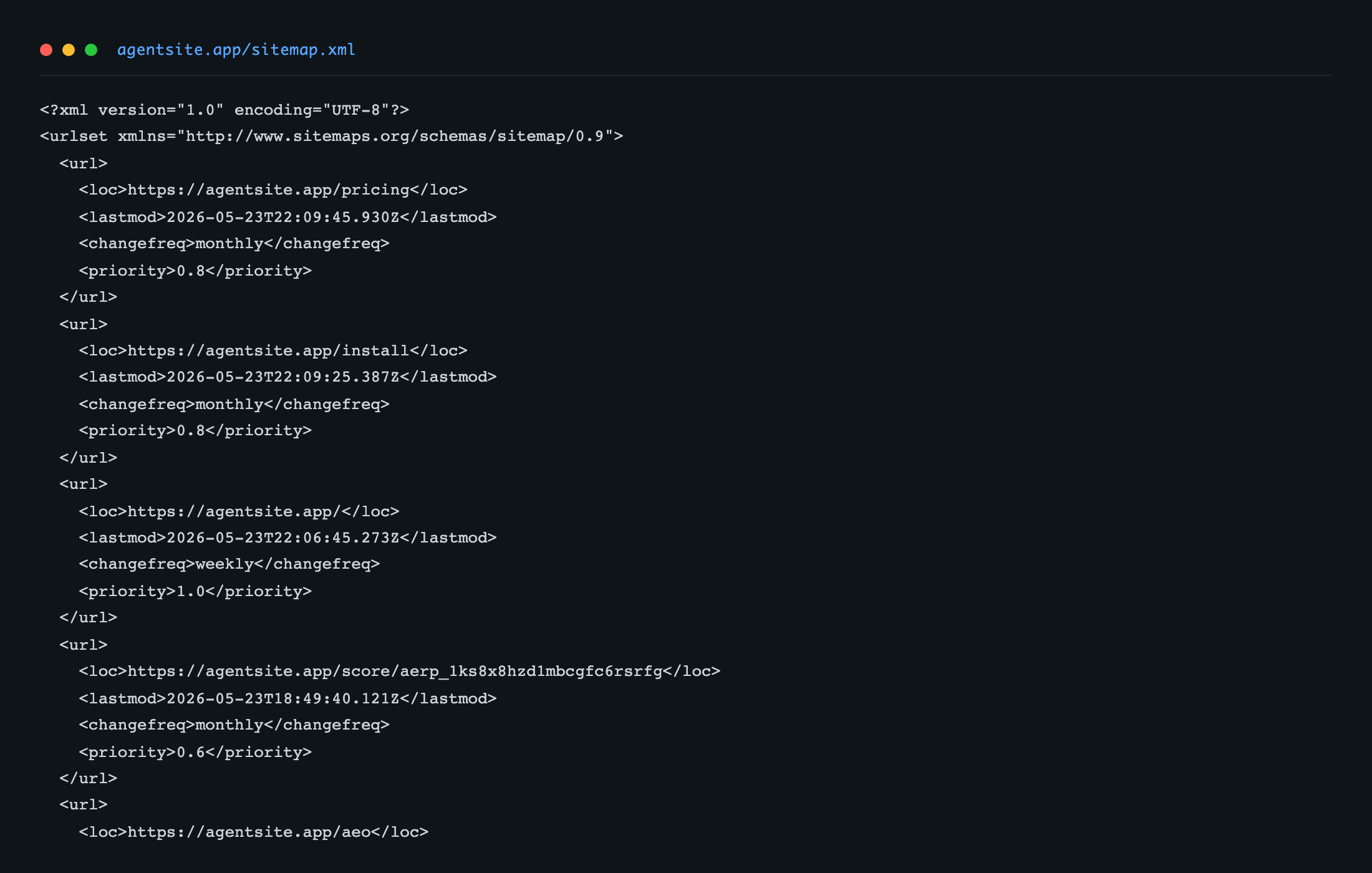 agentsite.app/sitemap.xml rendering — walked from cached routes, standard urlset.