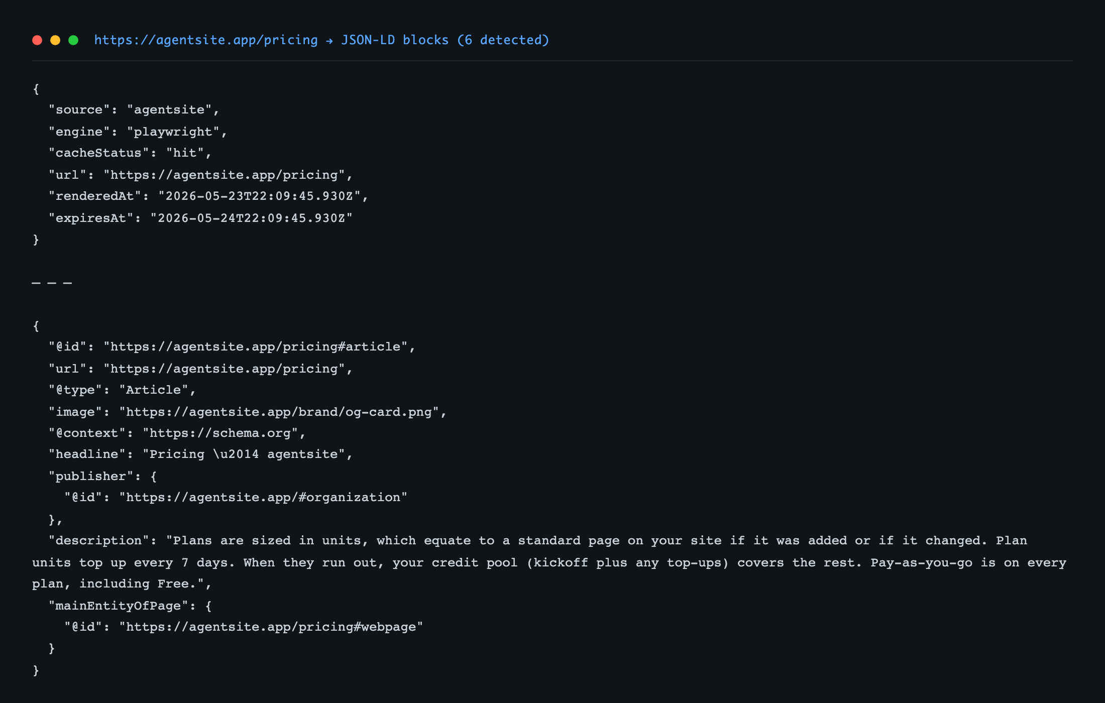 JSON-LD blocks pulled from agentsite.app/pricing — Article, Organization, WebPage, FAQPage emitted via @id-linked nodes.