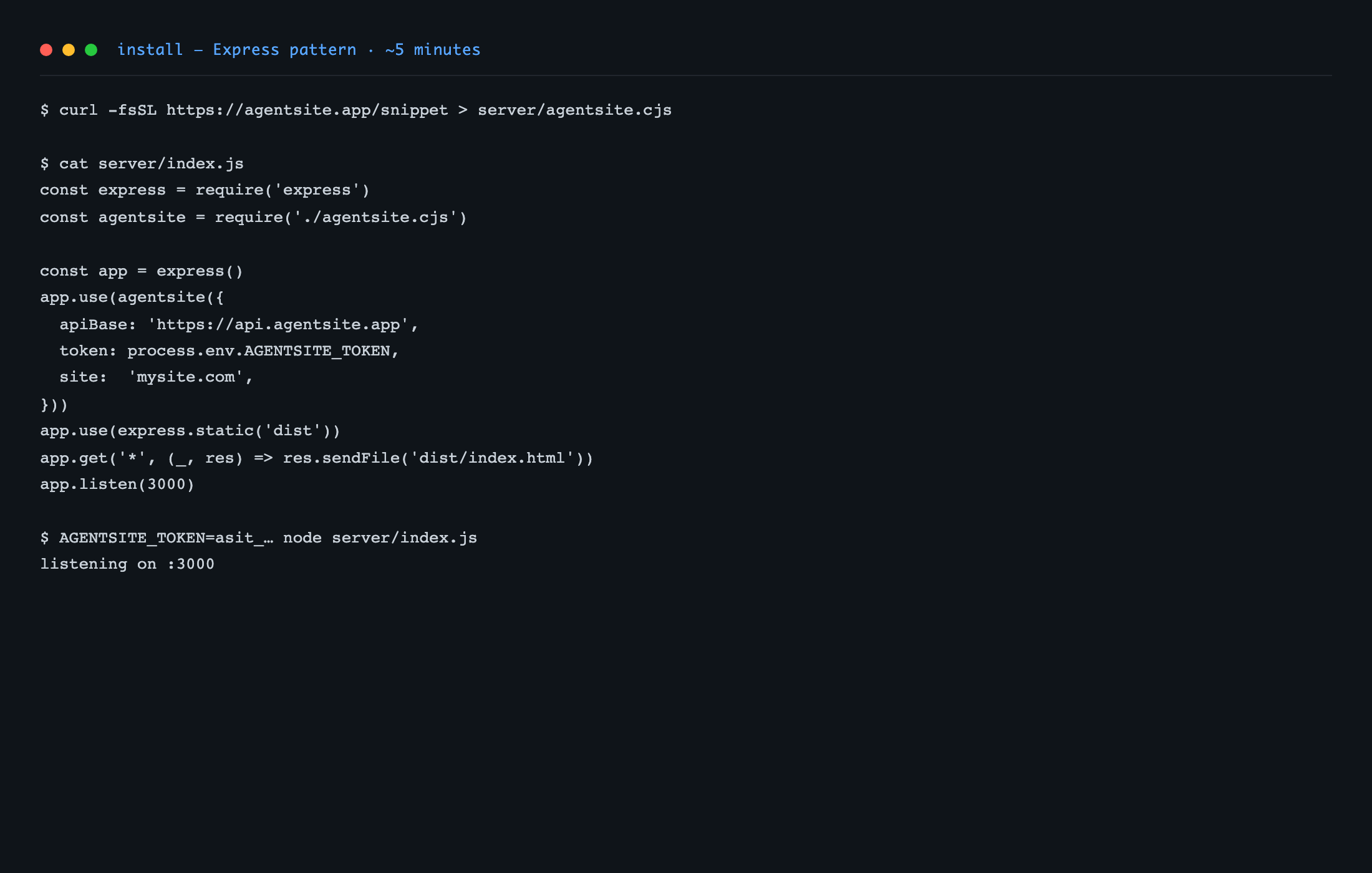 Terminal showing the Express install pattern — curl the snippet, three lines of glue code, set the token, ship.
